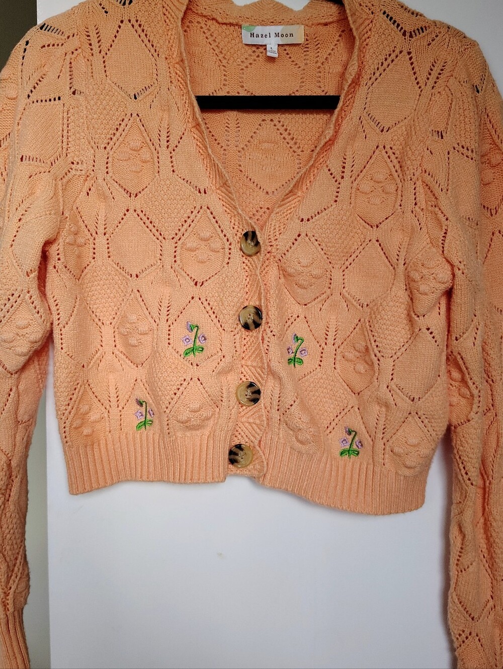 Peach Floral Embroidered Pointelle Cropped Cardigan Sweater Hazel Moon Womens L